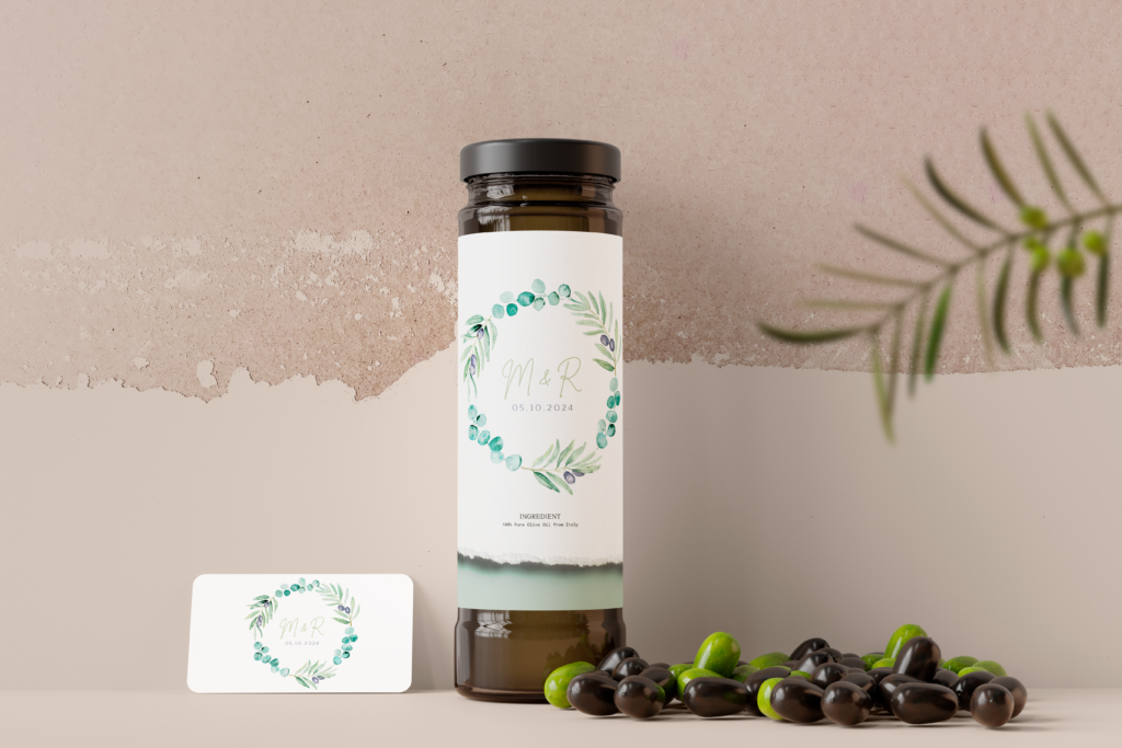 Logo mariage sur bouteille d'huile d'olive